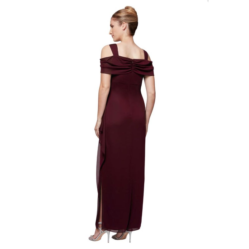 Alex Evenings Women's Long Cold Shoulder Mother of The Bride Dress with Beaded Detail at Hip, (Petite and Regular Sizes), Beaded Wine, 16 - Image 2